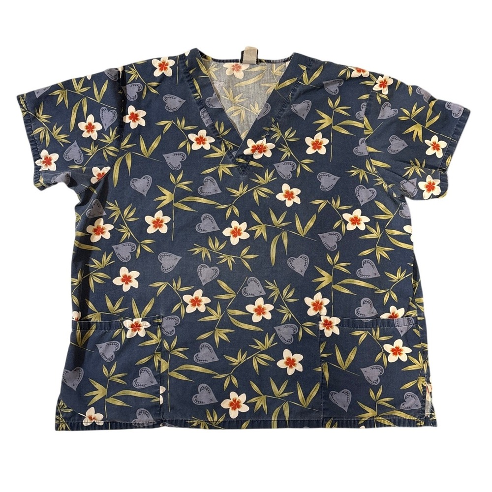 Medgear Scrub Top Navy Blue Tropical Floral Bamboo Heart Print V-Neck Medical XL